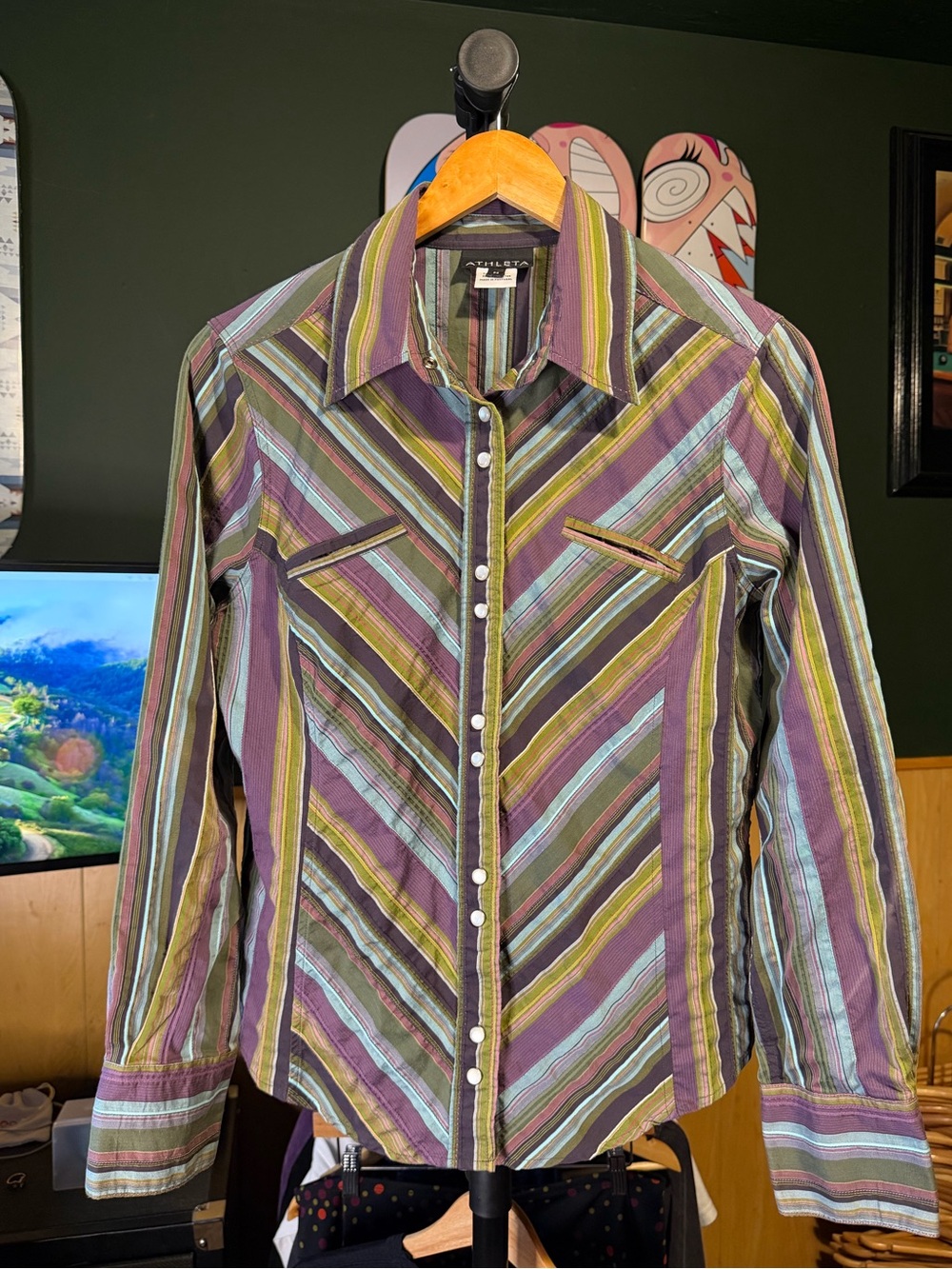 Athleta Striped Button-Down Shirt - Purple & Green